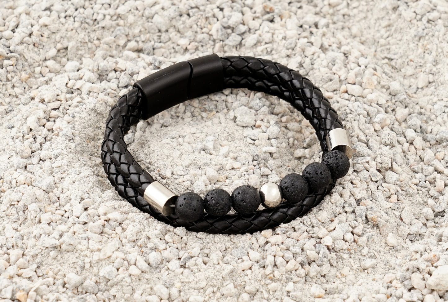 Black Braided Leather Bracelet with Lava Stone Beads