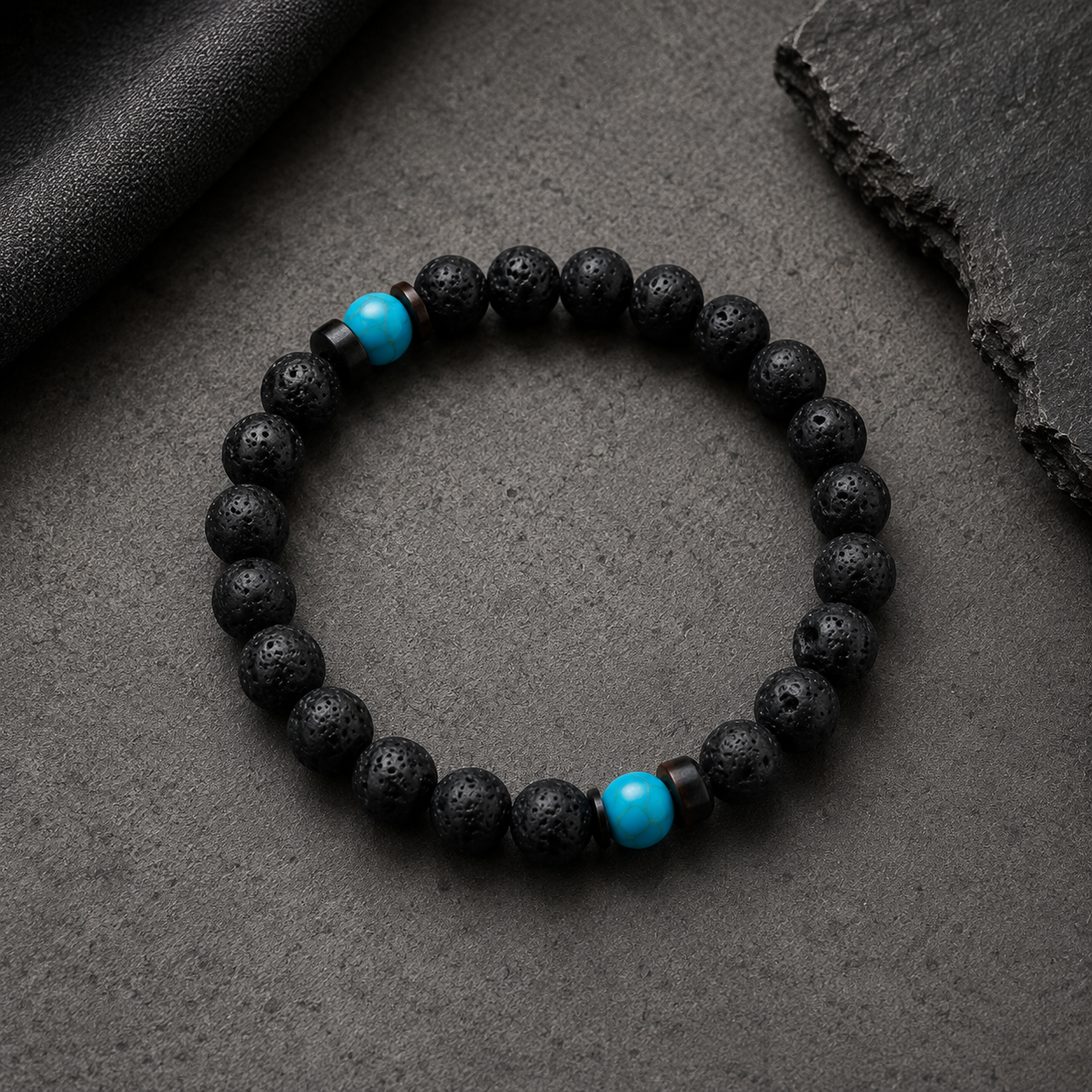 Lava Stone Beaded Stretch Bracelet with Turquoise Beads