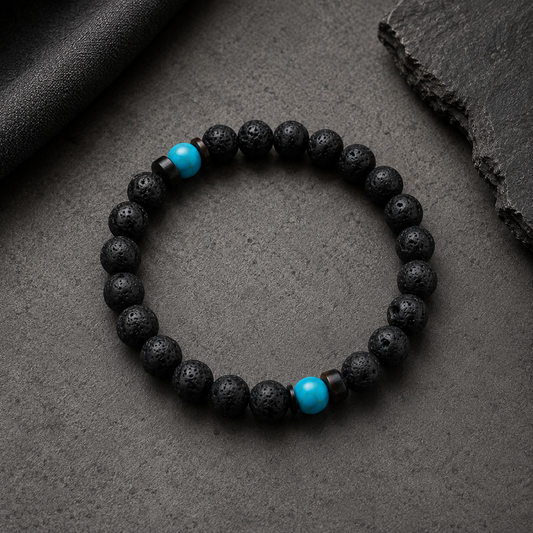 Lava Stone Beaded Stretch Bracelet with Turquoise Beads
