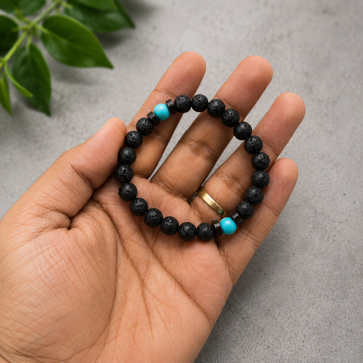 Lava Stone Beaded Stretch Bracelet with Turquoise Beads