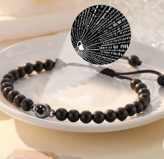 Black Beaded Bracelet with 100 Languages I Love You Projection