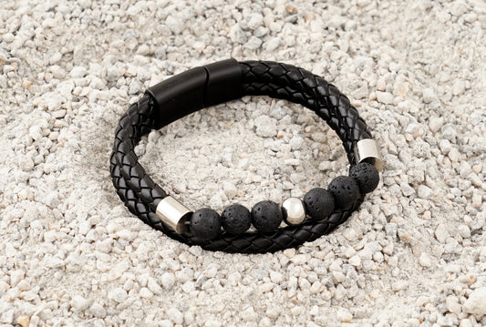 Black Braided Leather Bracelet with Lava Stone Beads